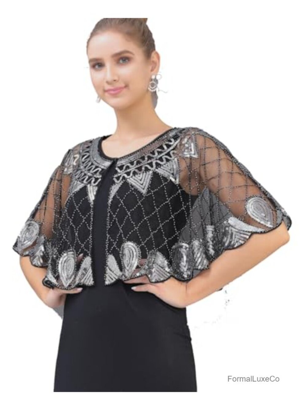 1920s Shawl Sequin Beaded Evening Cape Bolero Flapper Cover Up